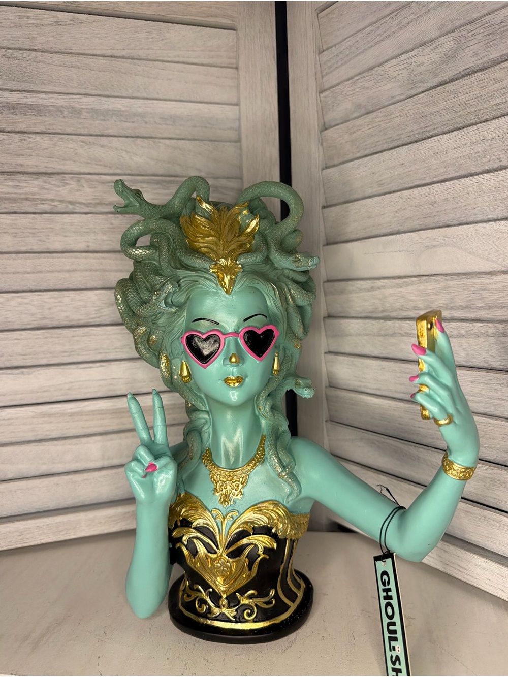 Aqua Medusa Vanity Statue with Pink Accents and Gold Detail